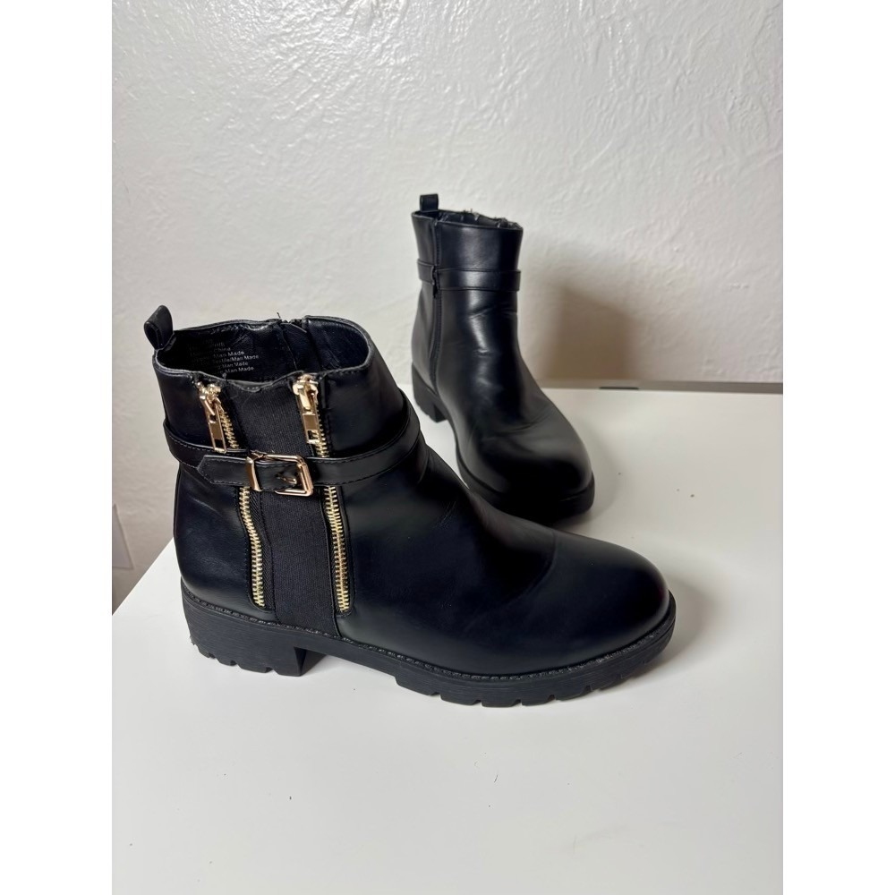 Elditas Sophie Black Faux Leather Moto Ankle Boots Gold Zipper Buckle Womens 11M